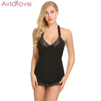 

Women Halter Babydoll Chemise Sexy Lingerie Set With G-String Porno Sleepwear Lace Patchwork Erotic Pajamas