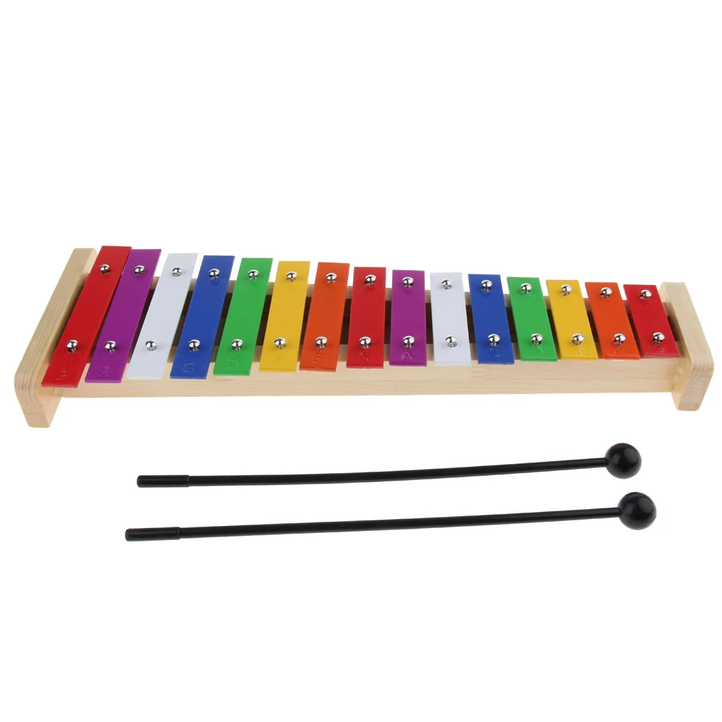2x Colorful 15 Notes Xylophone Kids Piano Toys With 2 Pair Mallets Wooden