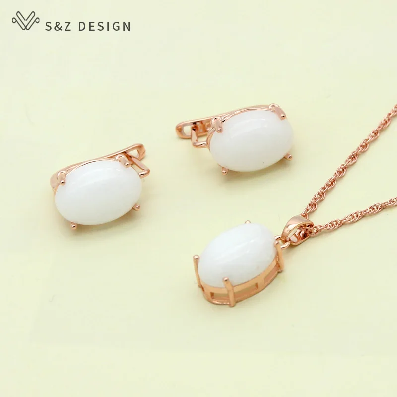 S& Z дизайн корейский модный овальный, в форме яйца Природный камень серьги гвоздики 585 кулон, розовое золото ожерелье Ювелирные наборы Подарки для женщин - Окраска металла: White jade