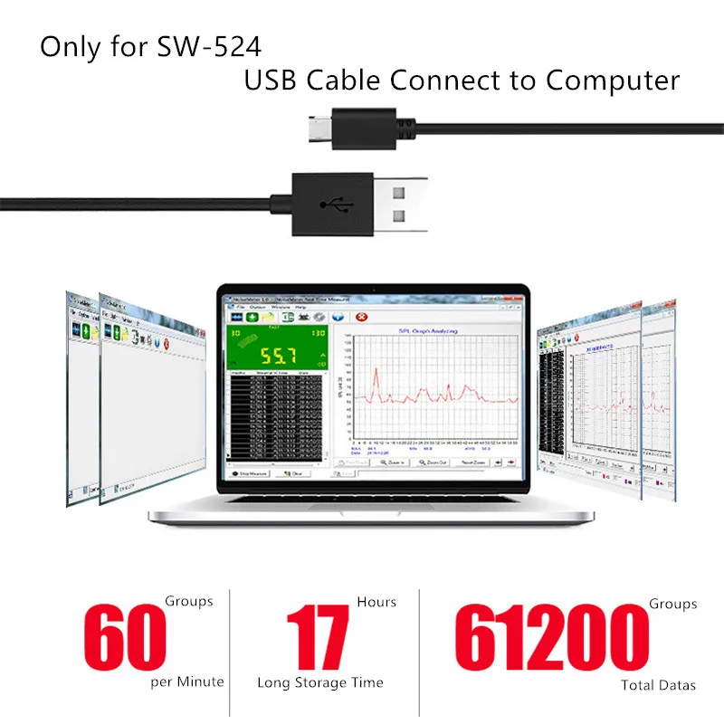 SW-524 USB цифровой измеритель уровня звука портативный измеритель шума 6 мм умный датчик ручной децибел метр для анализа данных компьютера