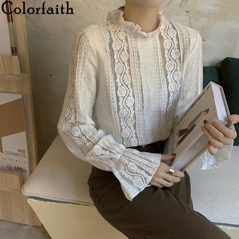 Colorfaith новинка 2020 весна лето женская блузка кружевная с расклешенными рукавами