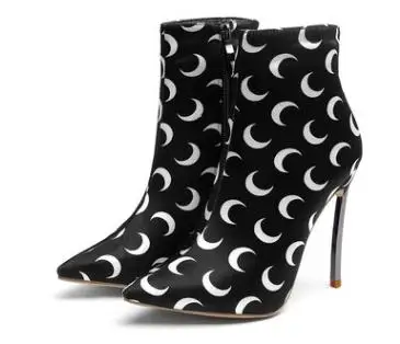 

2021 Women Black Fabric with White Moon Print Ankle Boots Pointed Toe Thin High Heels Ladies Short Boots