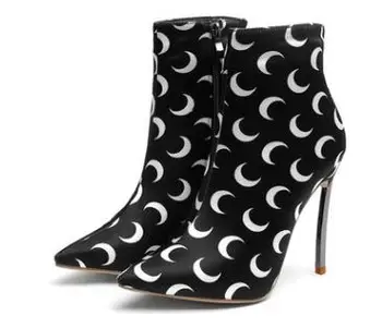 Black Ankle Boots With White Moon Print