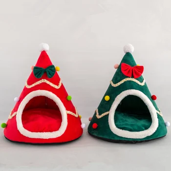 

Christmas Tree Shape Dog Cat Bed House Home New Year Warm Sleeping House Half Closed Soft Winter Nest Bed Cage For Pets