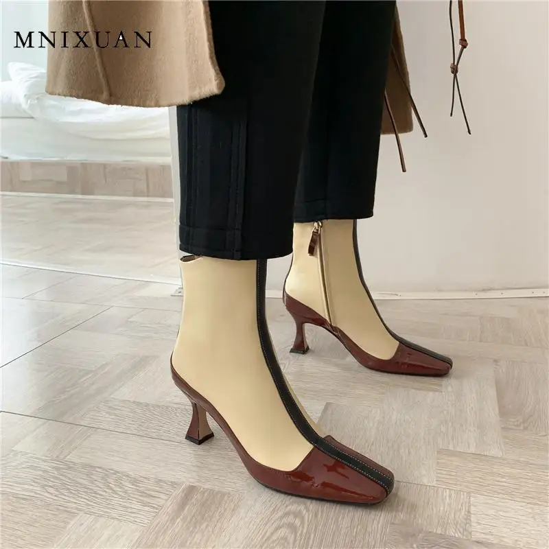 

MNIXUAN Designer Brand Luxury Women Shoes Spring Autumn Square High Heels Ankle Boots zipper genuine leather zipper size 10 shoe