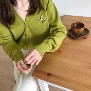 

Knit Cardigan Coat Thin Cartoon Fruit Embroidery Casual Long Sleeve Short Sweater Women Clothing