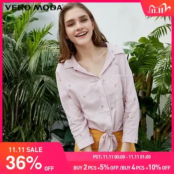 

Vero Moda Women's Embroidered 3/4 Sleeves Lace-up Hemline Shirt | 319331505