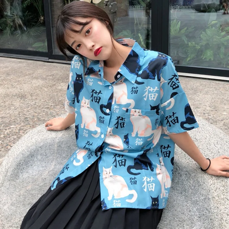 Корейский стиль, летние топы, женская Свободная рубашка с коротким рукавом, милая блузка с отложным воротником, женская рубашка с мультяшным принтом