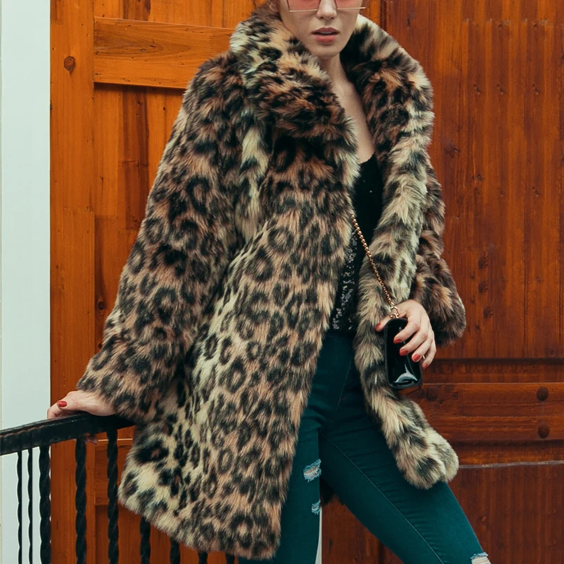 Las mujeres leopardo impreso de abrigo de piel de invierno de 2020 nuevo espesar cálido manga larga de ropa Chic elegante gabardina ceñida abrigos