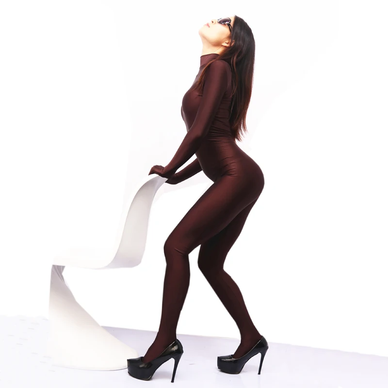 

(MS066) Sexy women shiny lycra dark coffee catsuit fetish zentai suit without headhood halloween customized