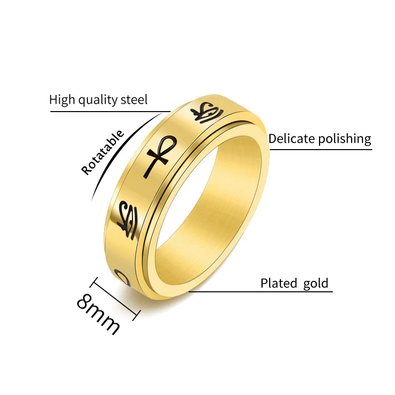 AsJerlya Stainless Steel Rotatable Spinner Rings Egypt Eye Of Horus Ankh Cross Anxiety Rings Freely Spinning Anti Stress Ring 2
