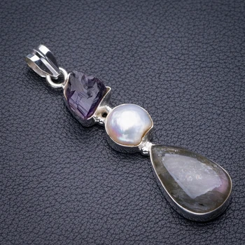 

StarGems Natural Blue Fire Labradorite,Biwa Pearl And Amethyst Rough Handmade 925 Sterling Silver Pendant 2.25" D5359