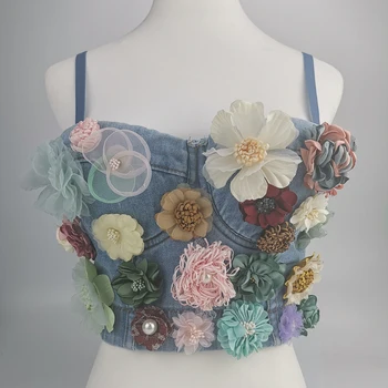 

sexy summer denim appliques bustier korean flower sleeveless crop top women party club floral off shoulder tank tops clothes