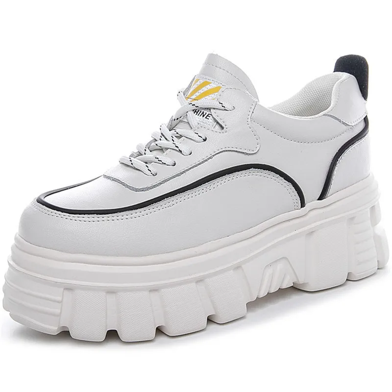 

European American Platform Women's Shoes White Round Head Leather Casual Shoes 2020 Spring Autumn New Fashion Lace Sports Shoes