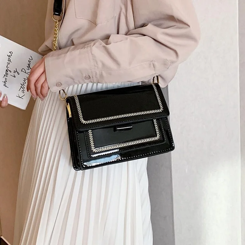 

New Women's Tote Bag Glossy PU Handbag Small Square Bag Singel Shoulder Bag Fashion Cross-Body Bag