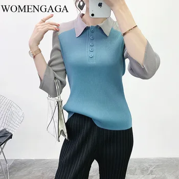 

Korea 2020 Spring Summer Arrivals Turn-down Collar Three Quarter Sleeve Patchwork Pattern Women Casual T-shirtZZEM