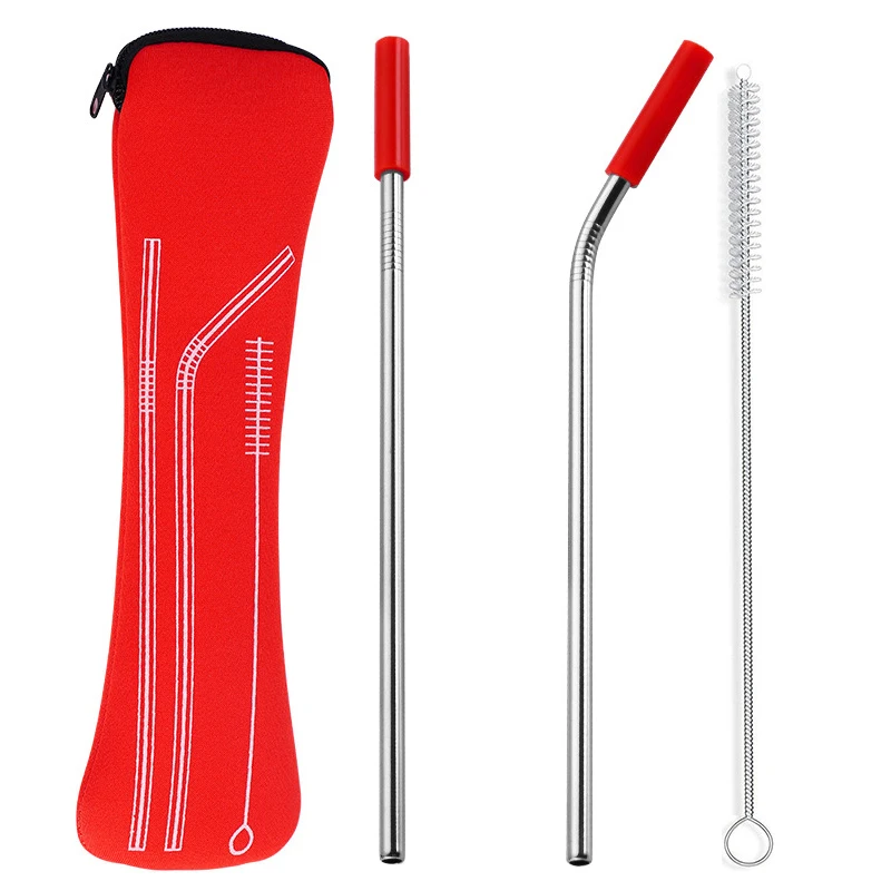 red 2pcs 2-4 шт./компл. многоразовые Нержавеющая сталь соломинки прямые изогнутые соломинки для питья с силиконовыми наконечниками, щетка для чистки мешок холодной питьевой соломы - Цвет: red 2pcs