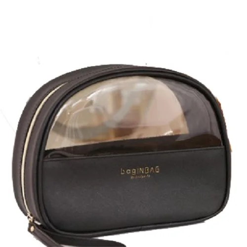 Fashion Cosmetic Bag PU Leather Transparent Cosmetic Bags Women beautician Small Black Medium