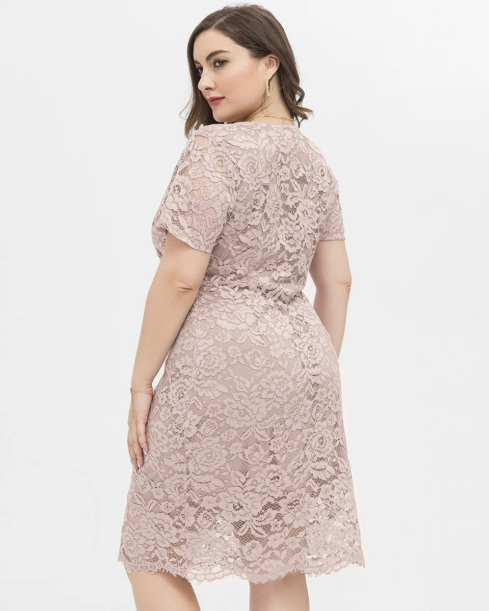 Plus Size Lace Dress Women Elegant Pencil Midi Dress With V Neck Big Size Casual Pink Dresses Short Sleeve Summer Dress XL-XXXXL