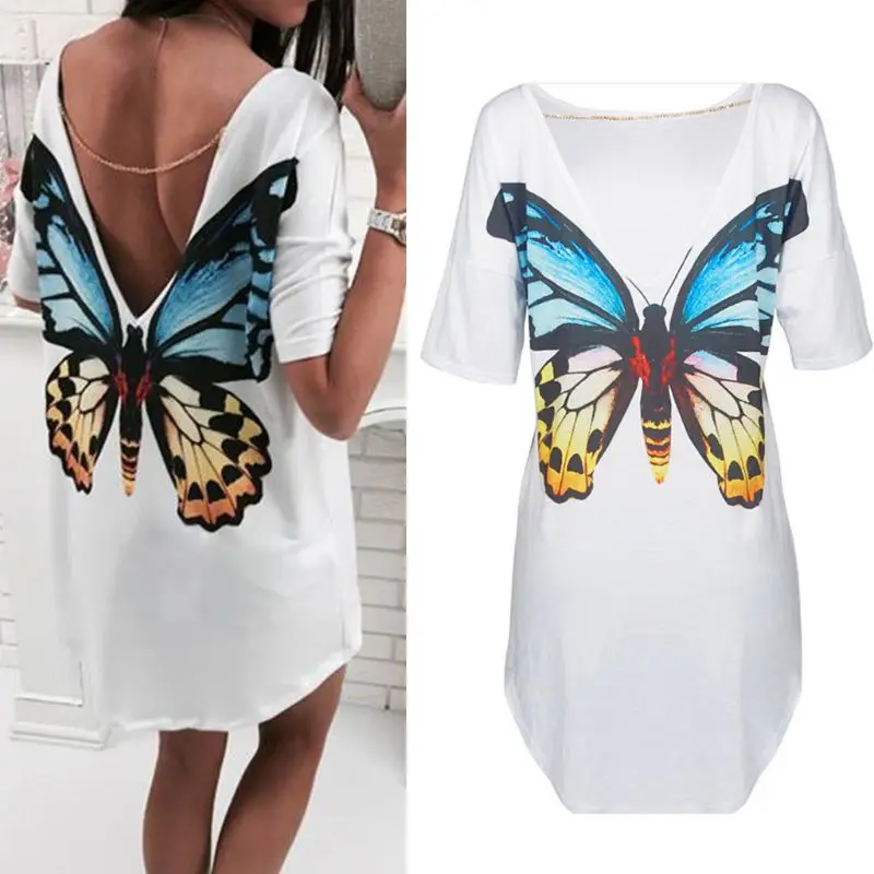

Women Short Sleeve Sexy Low Cut Backless Loose T-Shirt Dress Butterfly Cat 3D Digital Print Asymmetric Summer Casual Streetwear