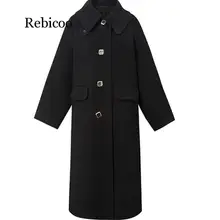 Женское зимнее пальто с длинным рукавом, теплое черное шерстяное женское элегантное двубортное шерстяное пальто размера плюс