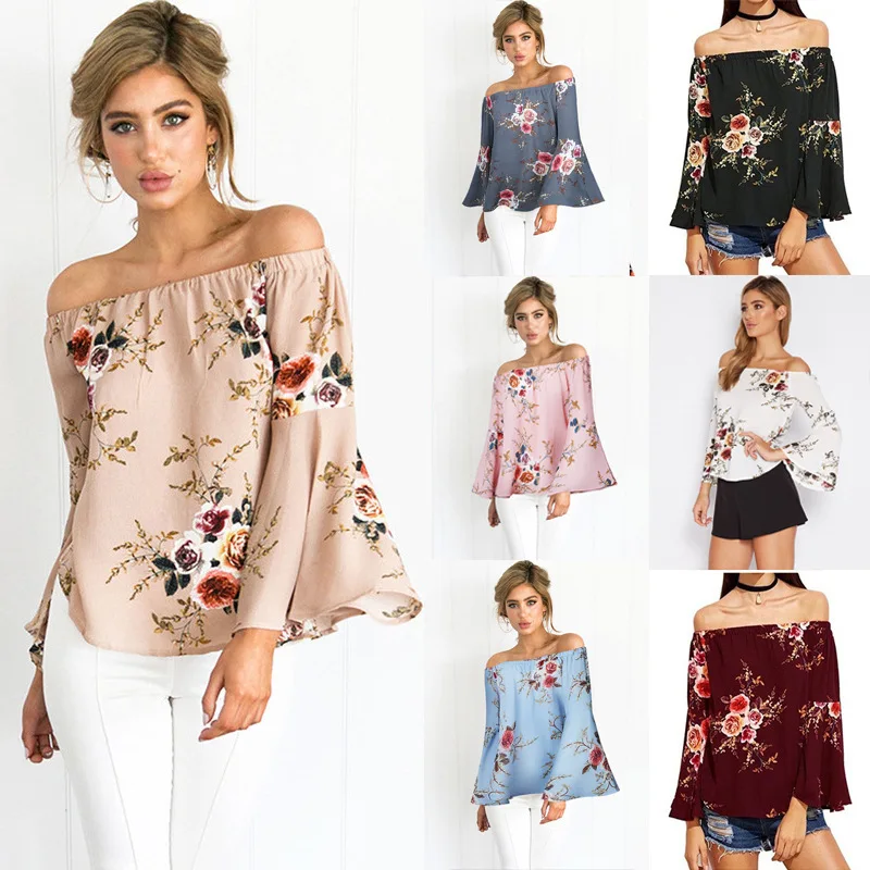 

4-Color 6-Size 2020 Spring and Summer Hot Selling Supply off-Shoulder Bell Sleeve Loose Top T-shirt