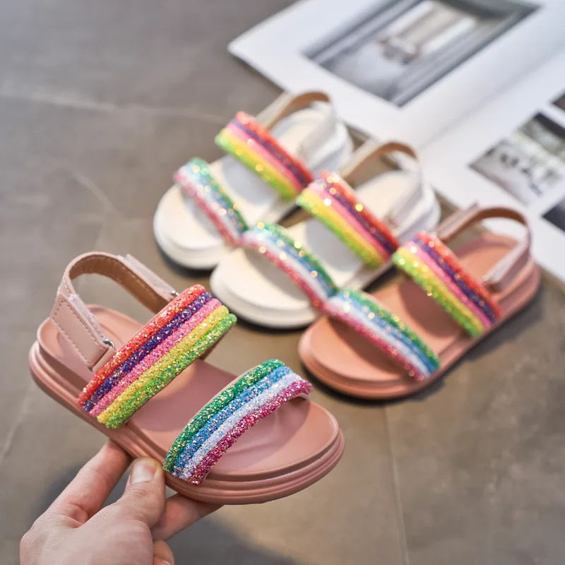 

Girls Sandals New Summer Children's Little Girl Fashion Rainbow Shoes Primary Soft Bottom Non-slip Beach Shoes