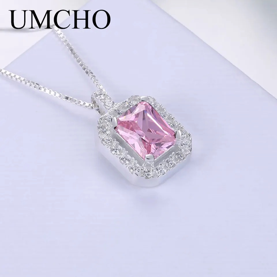 

UMCHO Square Real 925 Sterling Silver Clear Red Pink Purple Cubic Zircon Chain Necklace Pendent For Women Wedding Party Gift