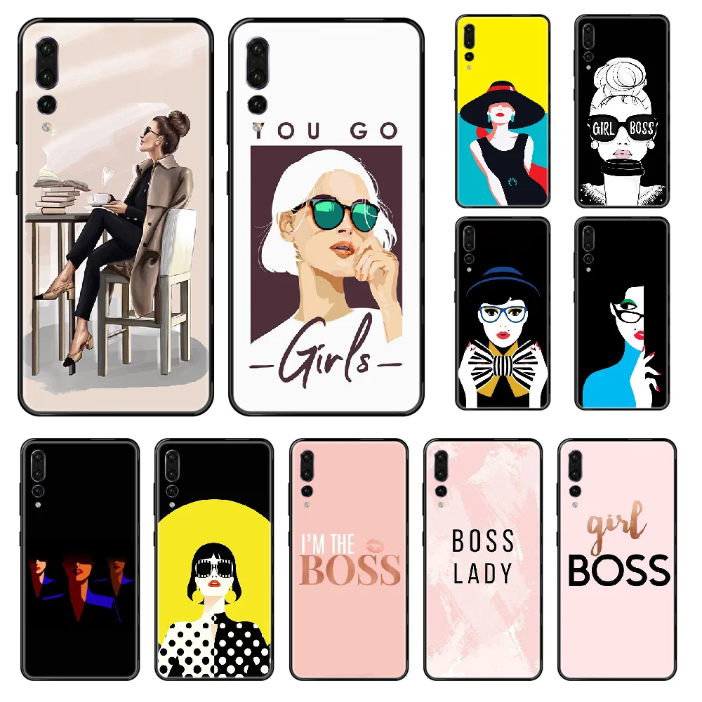 Женский Чехол книжка Boss Pink для Huawei P 8 10 20 30 Smart Plus 2019 Z Lite Pro 2017 black art prime