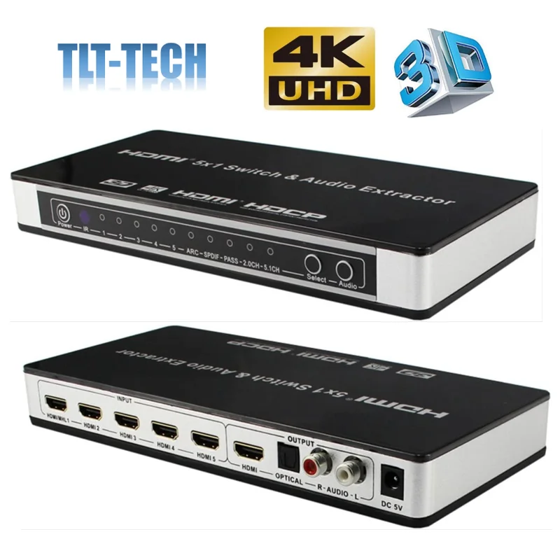 hdmi-переключатель-5x1-аудио-экстрактор-4k-x-2k-@-30-Гц-hdmi-5-портовый-коммутатор-с-ИК-пультом-дистанционного-управления-и-адаптером-питания-full-hd-1080p