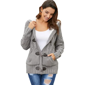 

Knitting Button Down Women Cardigan Long Sleeve Casual Autumn Gift Warm Plush With Pockets Loose Hooded Party Winter