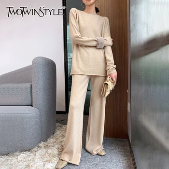 

TWOTWINSTYLE Knitted Two Piece Set For Women O Neck Long Sleeve Sweater High Waist Wide Leg Pants Female Suits 2020 Autumn New