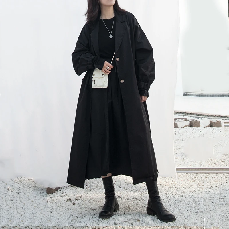 

Women Big Size Split Joint Trench New Lapel Long Sleeve Loose Fit Windbreaker Fashion Tide Autumn Winter 45