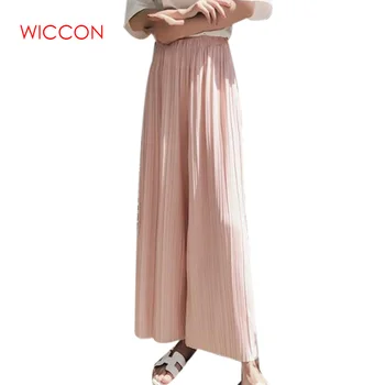 

Summer New Fashion Women Ladies Pleated Wide Leg Pants Loose Solid Chiffon Trousers Stretch Waist Boho Pants OL Pantalon