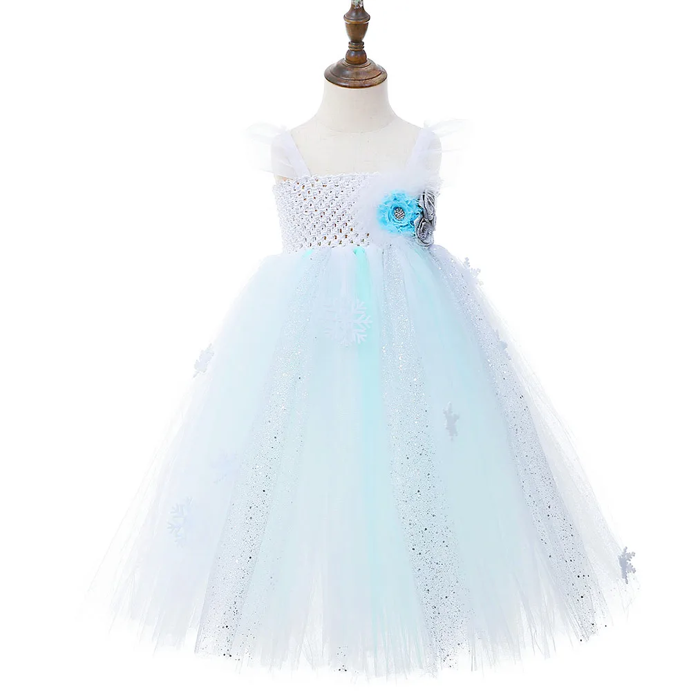 

Princess Snow Queen Elsa Froze Tutu Dress Lace Sleeve Aqua Blue Sliver Flower Feather Kids Girls Birthday Wedding Party Dresses