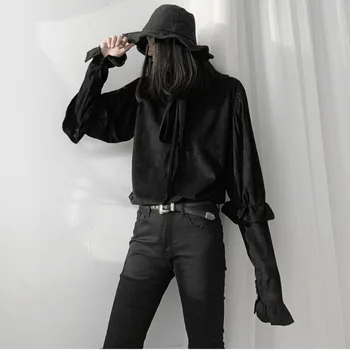 

Women Suede Ruffles Big Size Blouse New Stand Collar Long Puff Sleeve Loose Fit Shirt Fashion Spring utumn 2019 19-a594
