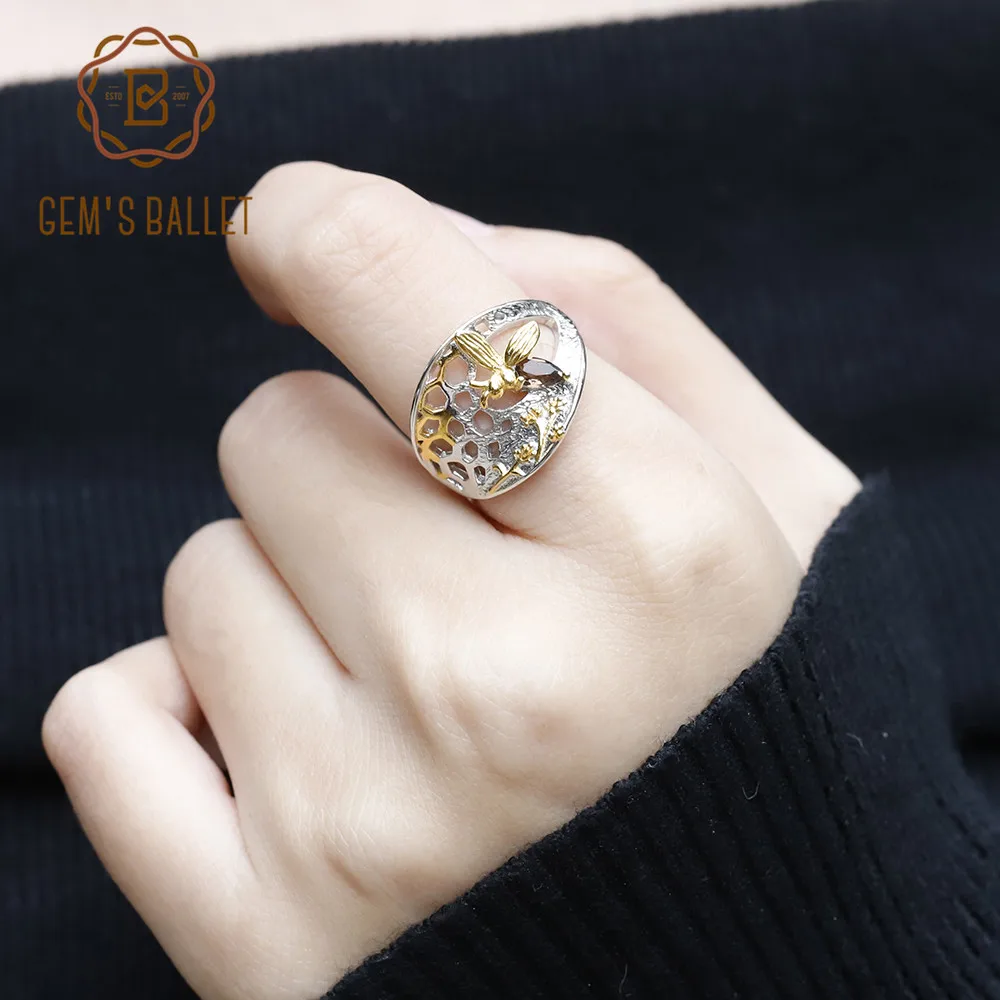 Gem балетки 0.21Ct природный дымчатый кварц Золотое кольцо с пчелиными сотами 925 пробы Серебряное кольцо ручной работы для Для женщин, хорошее ювелирное изделие