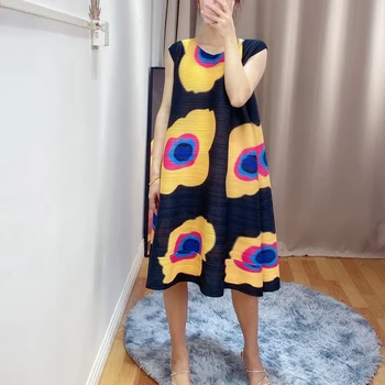 

LANMREM fashion pleated dresses 2020 Summer vintage new sleeveless loose large size printted dress for famale vent hem YJ871