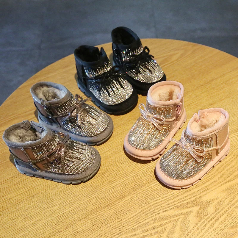 Baby Girl Rhinestone Toddler Shoes Winter 0-3 Years Old Soft Bottom Non-slip Toddler Baby Crystal Warm Shoes Snow Boots