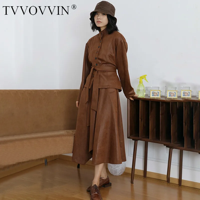 TVVOVVIN, комплект из искусственной кожи, на шнуровке, из двух частей, Женское пальто с воротником-стойкой и длинным рукавом, юбки с высокой талией, женские костюмы, мода, L661