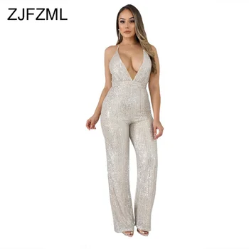 

Sexy Backless Sequin Bodysuit Women Deep V Neck Criss-Cross Wide Leg Jumpsuit Elegant Party Club Strap High Waist Loose Playsuit
