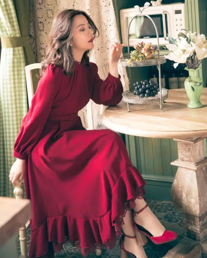 Красное платье женское французское винтажное свободное платье осеннее платье миди с длинными рукавами Пояс Женская одежда для вечеринки Vestidos