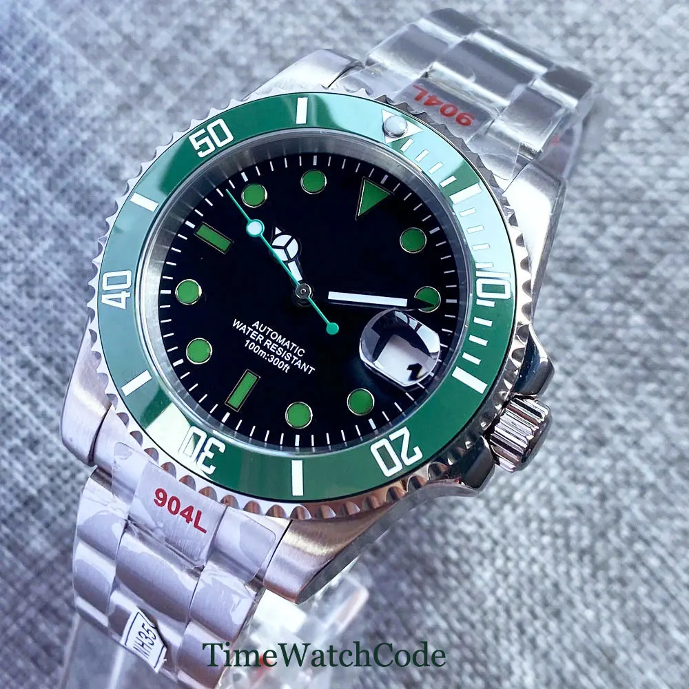 

NH35 40 мм автоматические механические мужские часы черный циферблат зеленые маркеры Дата циклас 316L браслет сапфировый кристалл керамическая рамка