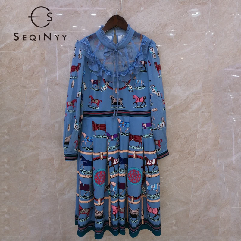 

SEQINYY Blue Pleated Dress Vintage Animals Print High Quality 2020 Summer Spring New Fashion Design Lace Mesh Mini
