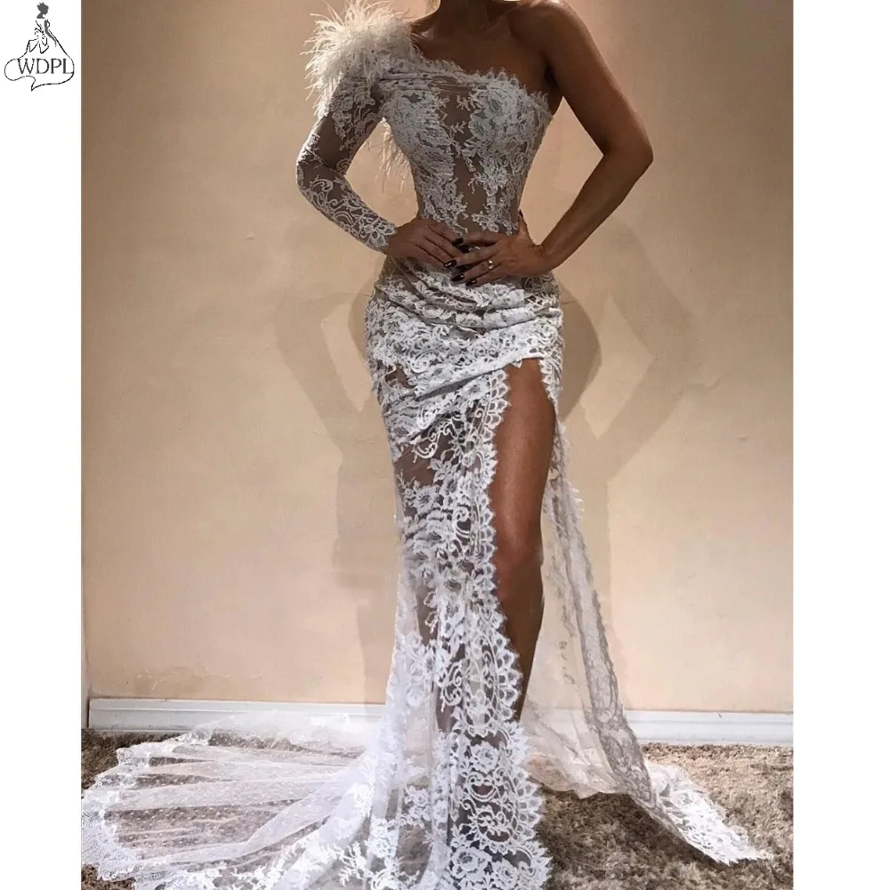 Sexy High Slit Mermaid Prom Dresses Long Elegant Feathers One-Shoulder Lace Prom Gown Custom Make Party Dress Vestidos De Gala