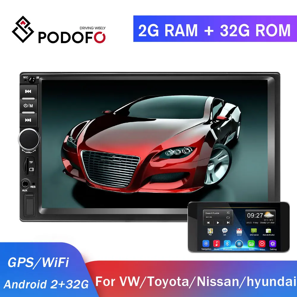 Podofo 2din Auto Radio Gps 2DIN Android Auto Multimedia Speler Autoradio 2 Din Voor Volkswagen Nissan Hyundai Kia Toyota Auto stereo