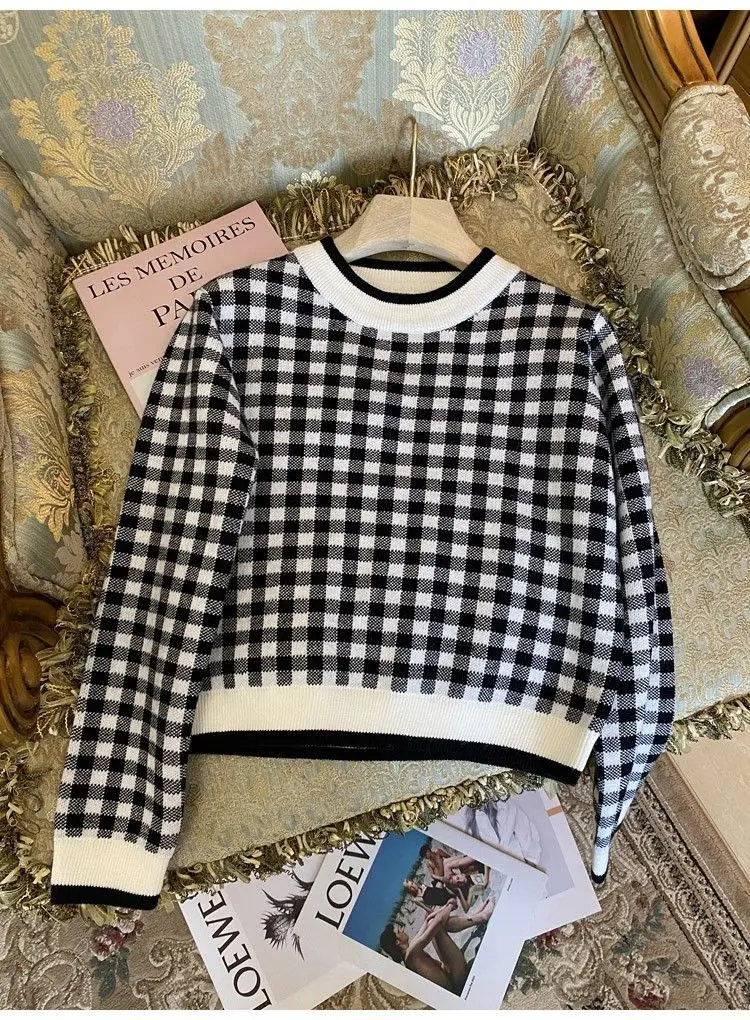 Feminina em Torno do Pescoço Francês de Malha Nova Xadrez Camisola Pulôver Curto Fino Inferior Superior 2021 4 High Quality Moda Feminina