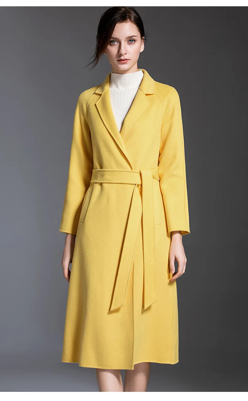 Autumn Winter Fashion New Plus size Yellow Double-sided cashmere Coat Women Office Long Overcoat High quality slim Woolen Coat