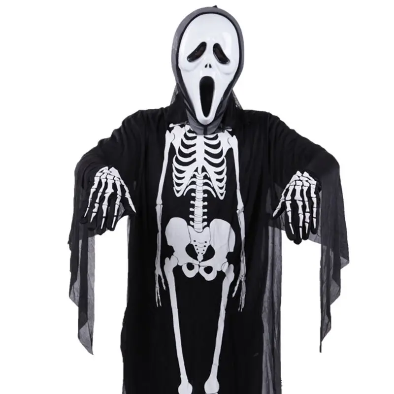 Adult Unisex Halloween Cosplay Costume Skeleton Demon Ghost Witch Cloak Mask Gloves Fake Nails Party Trick Props Accessories Set - Color: like pic