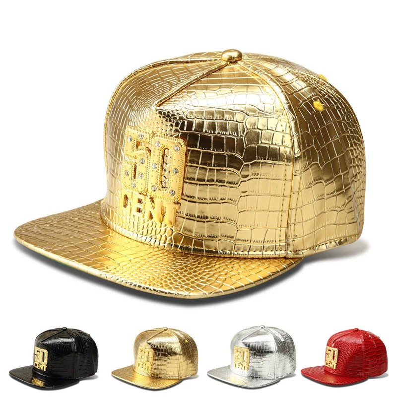 Casquette крокодил Bling Iced Out Gold 50 CENT бейсболки из искусственной кожи с плоскими полями регулируемые хип-хоп мужские шапки